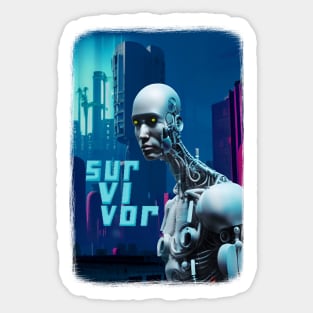 Cyborg Survivor Humanoid Robot in Nuclear City Destruction Sticker